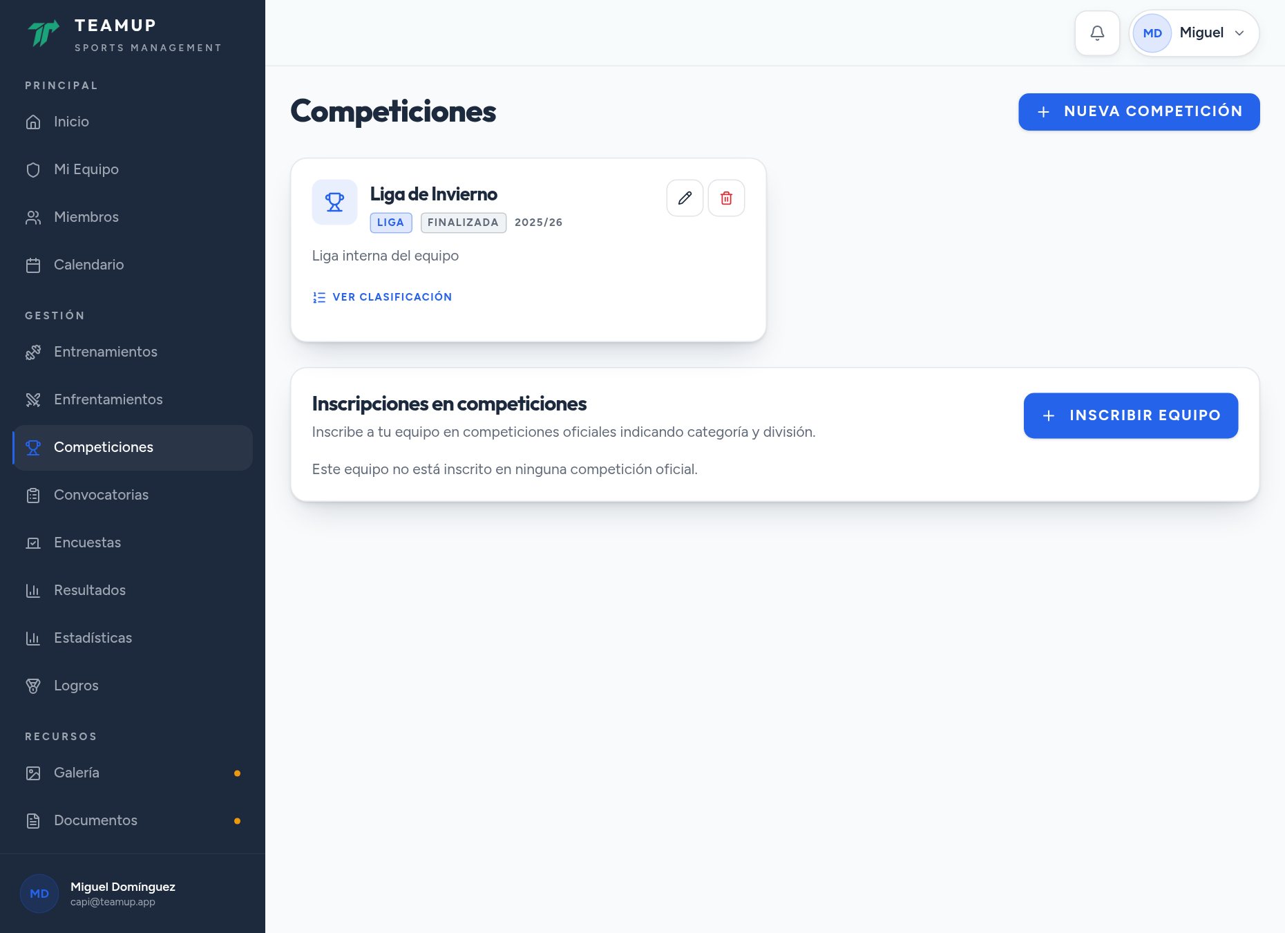 Competiciones de Teamsup con la liga interna del equipo y su clasificación.