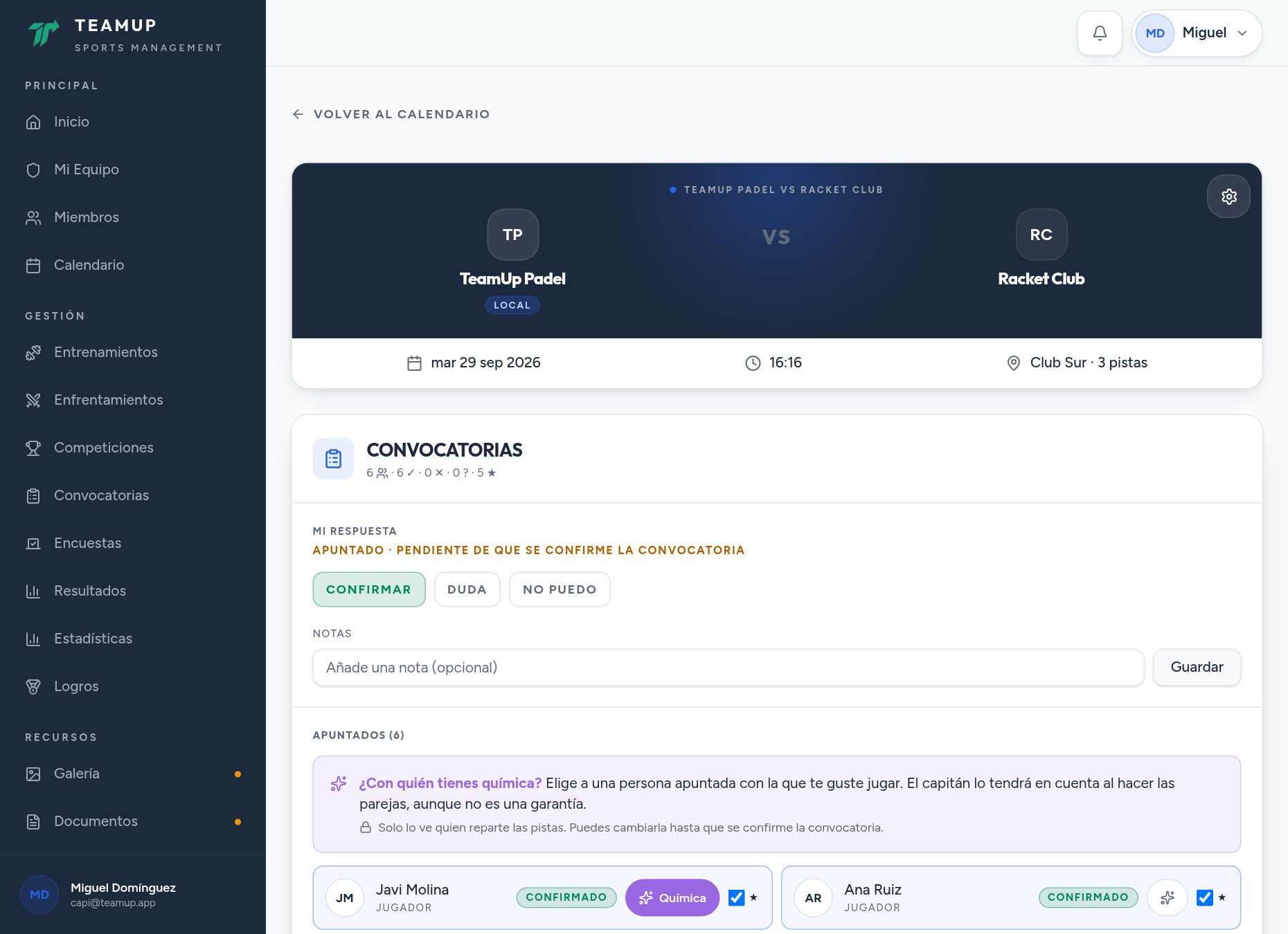 Detalle de un partido en Teamsup con la convocatoria, los apuntados y el selector de química.